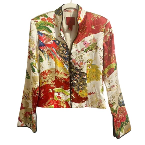 JS Collections Size 8 Floral Silk Blend Orient Motif Kimono Mock Collar Jacket - Picture 1 of 10